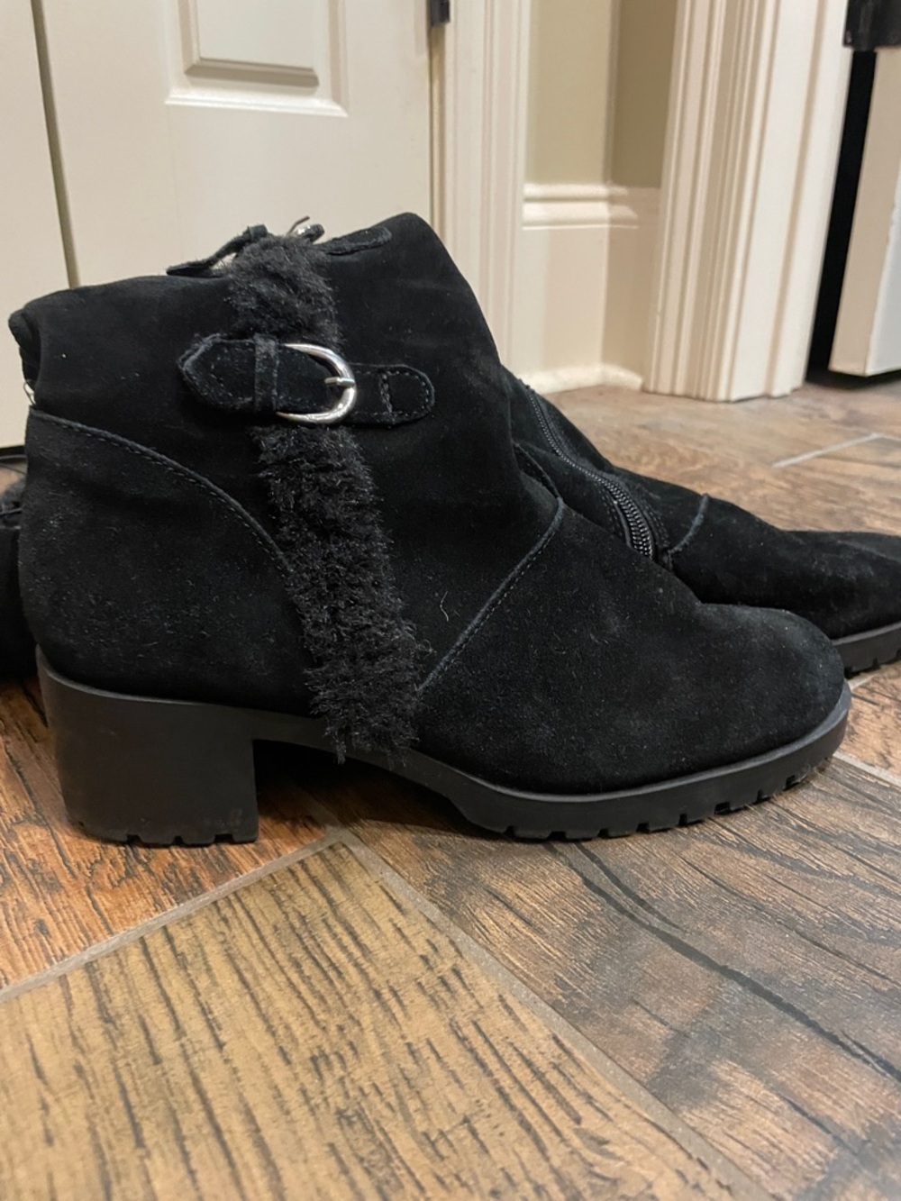 AEROSOLES Black Suede-Look Knee High Buckle Boots with Faux Fur Trim - Picture 5 of 6